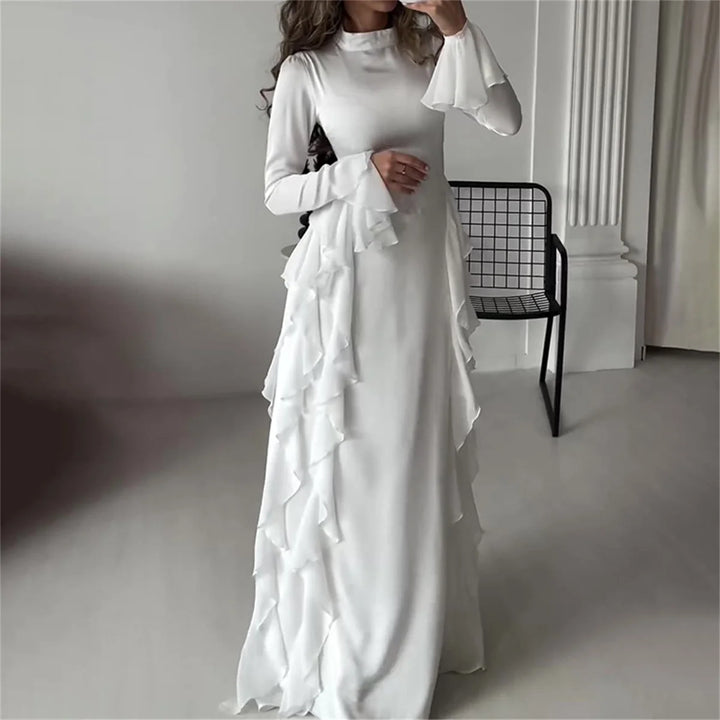 White Flared Long Sleeve Dinner Gown