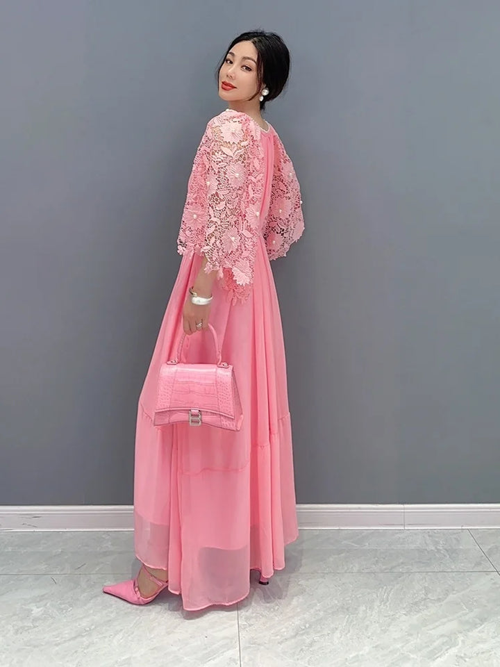 2024 Summer Korean Lace Pleated Dress - Pink, Show Slim, Short Sleeve - QING MO ZXF2631