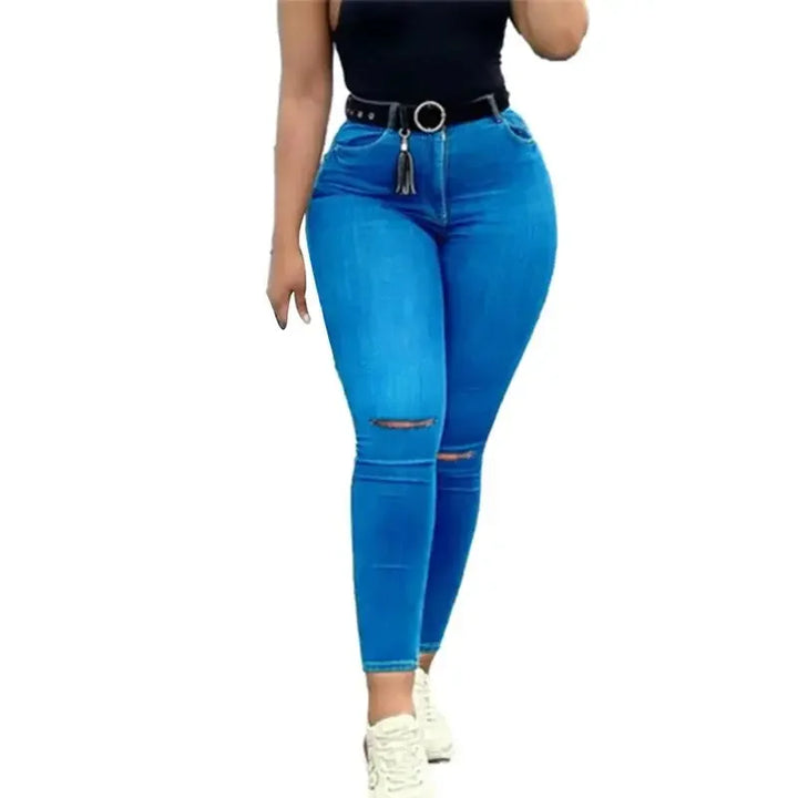 Flattering High Waist Pencil Jeans with Broken Holes - Perfect for Office or Casual Wear