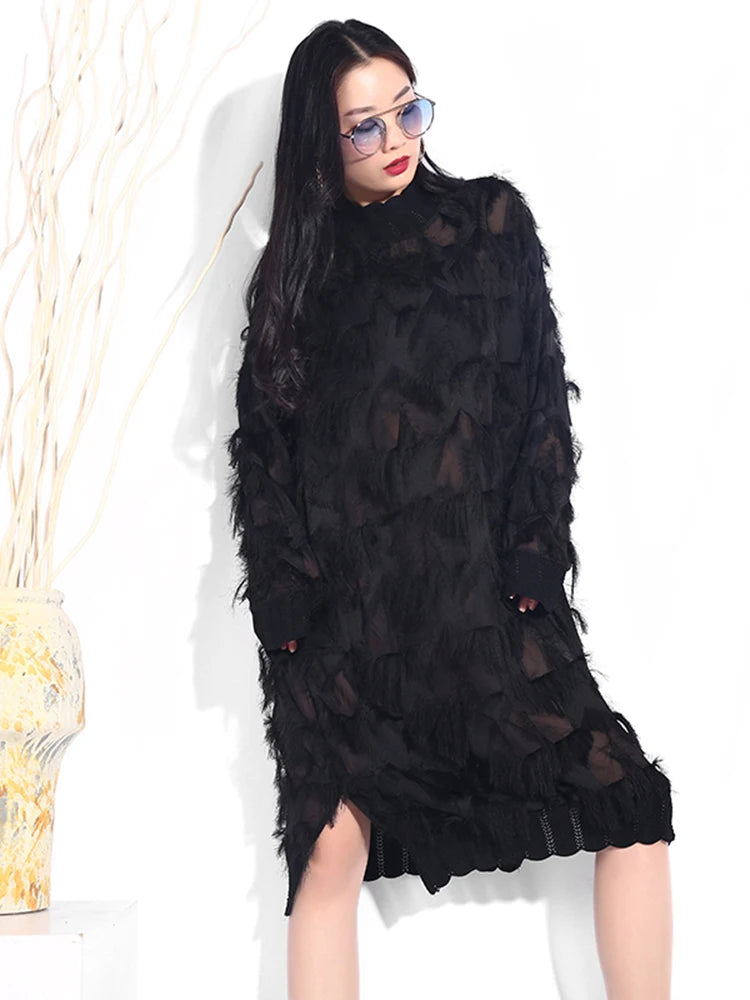 Black Split Joint Dress: Spring/Autumn Fashion, Plus Size, Stand Collar, Perspective, Long Sleeve