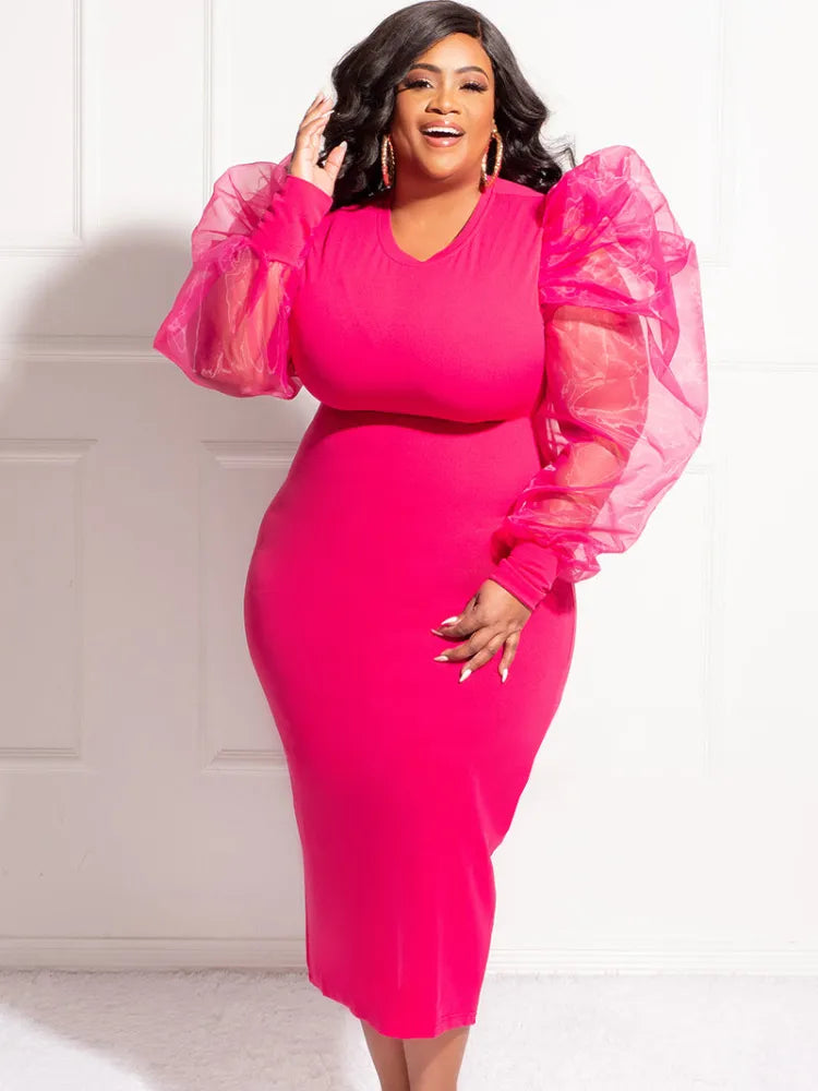 Plus Size Midi Party Dress with Tulle Patchwork and Lantern Sleeves for Women - Perfect for Birthdays and Events!