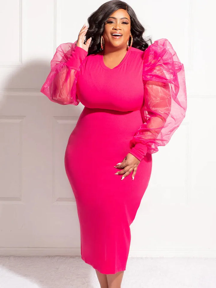 Plus Size Midi Party Dress with Tulle Patchwork and Lantern Sleeves for Women - Perfect for Birthdays and Events!