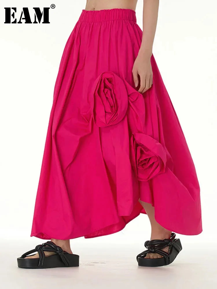 [EAM] High Elastic Waist Rose Red A-line Skirt