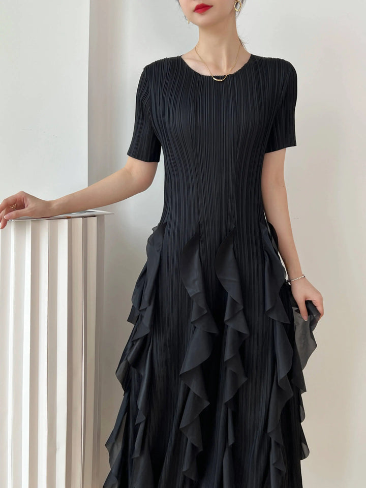 Upgrade Your Style with YUDX 2023 Miyake Pleated Party Dress - Slim Fit, Solid Color, Short-sleeved