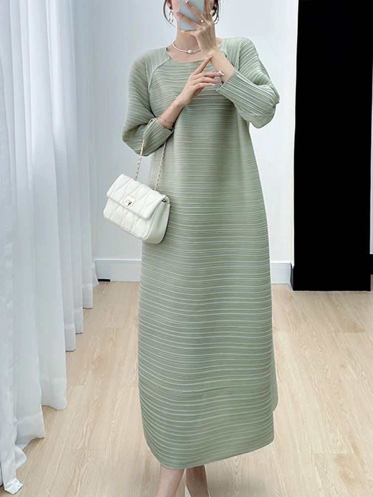 Miyake Pleated Full Sleeve Dress Women's 2023 Summer Korean Fashion Simple Round Neck Long Plus Size Medium Long Dress