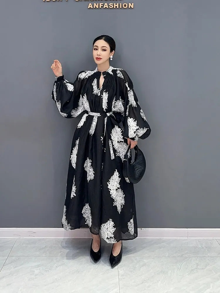 Stylish Black Fragmented Flower Dress - 2023 Autumn Collection - Size: One, Length: 115cm, Bust: 116cm