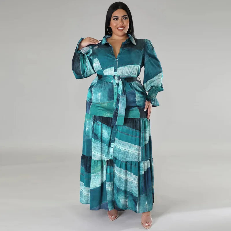 Plus Size Patchwork Print Dress For Women Chubby Blouse Belt Cloth Lady Luxury Long Robes 2023 Summer Trendy Party New In Dress