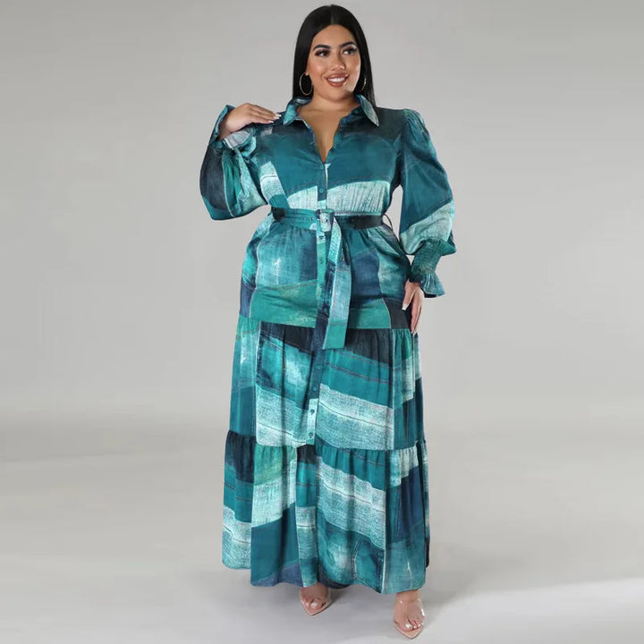 Plus Size Patchwork Print Dress For Women Chubby Blouse Belt Cloth Lady Luxury Long Robes 2023 Summer Trendy Party New In Dress