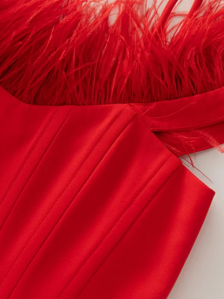 Red Feather 2-Piece Set: AELESEEN Runway Fashion for Summer Parties