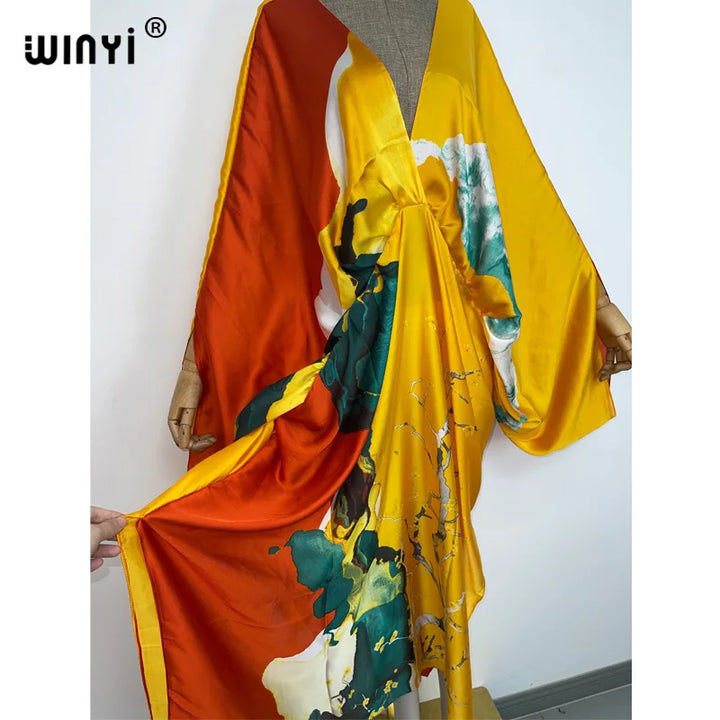 WINYI New Fashion Bohemian Deep V-neck Floral europea For Lady Free Size Loose Batwing Holiday Beach cover up Party Kaftan Dress