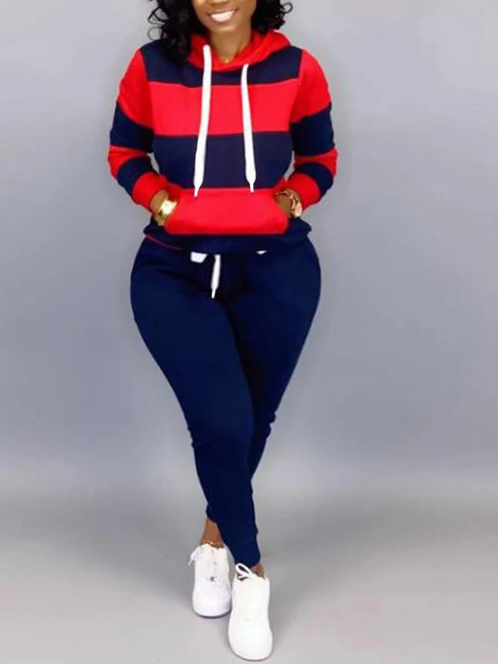 Autumn Plus Size Striped Tracksuit Set - Hoodie & Pants Combo for Women