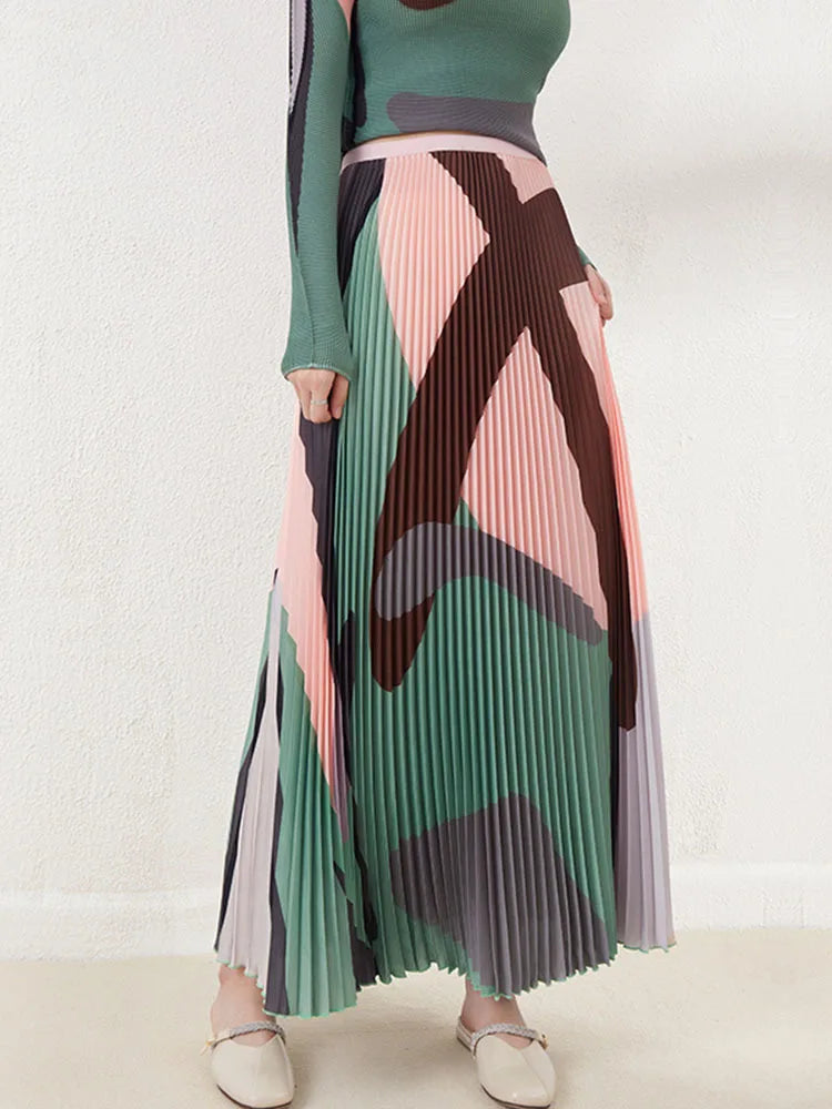 LANMREM Color Block T-shirt & Skirt Set | Long Sleeves Turtleneck Top & Elastic Waist Skirt | Women's Fashion