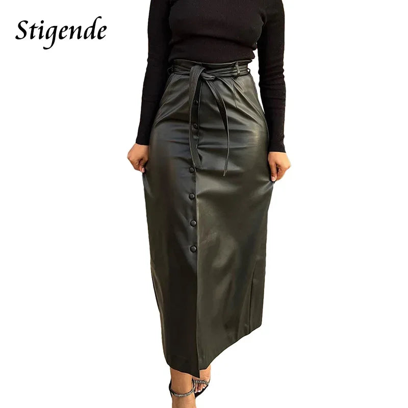Stigende Single Breasted Pu Leather Long Skirt Women Bandage Button Bodycon Black Faux Leather Maxi Skirt