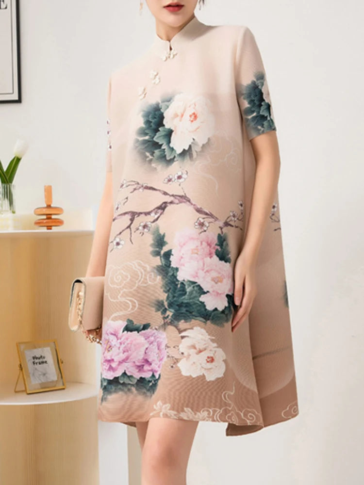LANMREM Chinese Style Floral Print A-line Dress