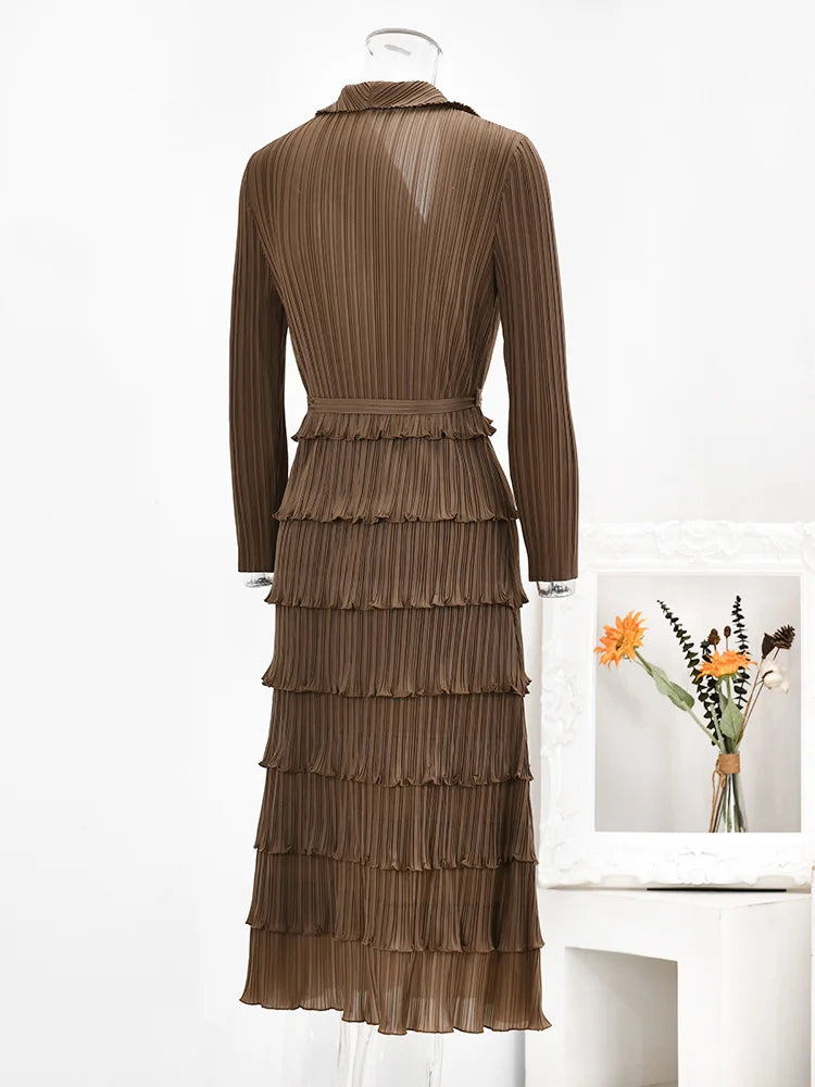 LANMREM Designer Pleated Dress for Women - Laple, Double Breasted, Long Sleeves, 2024 New Collection