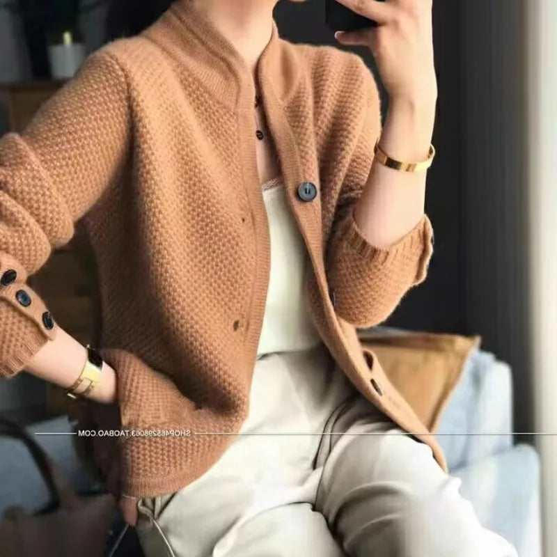 Women's Autumn Winter Long Sleeve Standing Neck Cardigan Fashion Casual Versatile Coats Commuting Solid Color Knitting Lady Tops