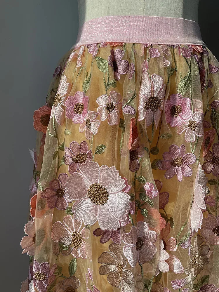Title: 'Elegant High Waist Floral Tulle Skirt with 3D Embroidered Flowers - JIAMI Luxury Fairy Skirt