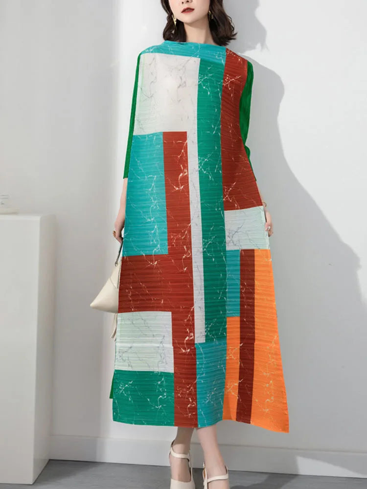 LANMREM Color Block Pleated Long Dress