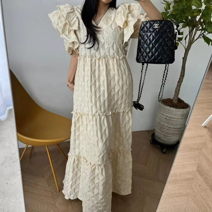 Korean Summer White V Neck Ruffles Midi Dress