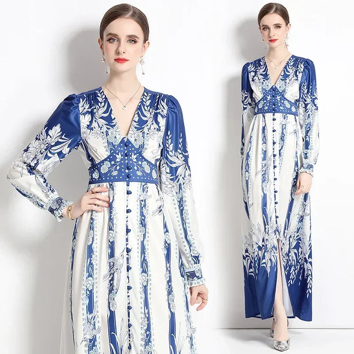 Vintage Floral Print Maxi Dress - Elegant A-line for Women's Party & Vacation