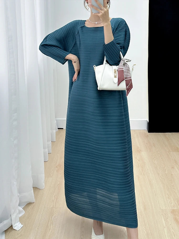 Miyake Pleated Full Sleeve Dress Women's 2023 Summer Korean Fashion Simple Round Neck Long Plus Size Medium Long Dress