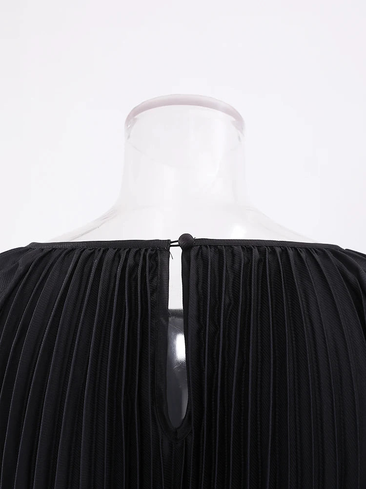 LANMREM Retro Print Pleated Long Dress For Women Lantern Sleeves Contrast Color Dresses Fashion 2024 Summer New Clothing 32C788