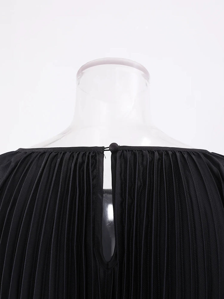 LANMREM Retro Print Pleated Long Dress For Women Lantern Sleeves Contrast Color Dresses Fashion 2024 Summer New Clothing 32C788