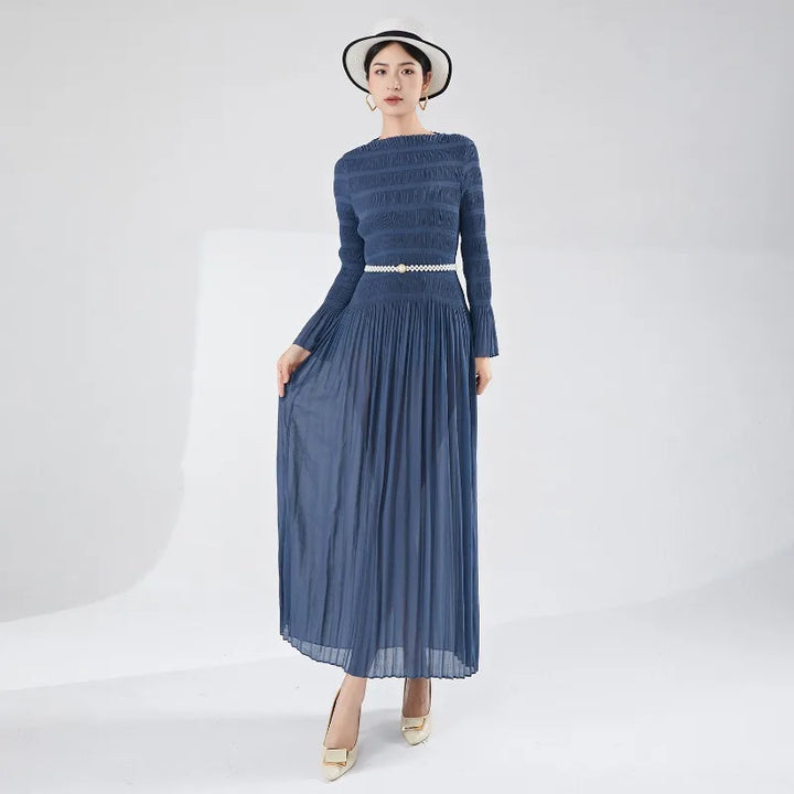 Miyake Pleated Dress Women's Summer High Quality Lightweight Elegant Long Sleeved Round Neck Extended Dress