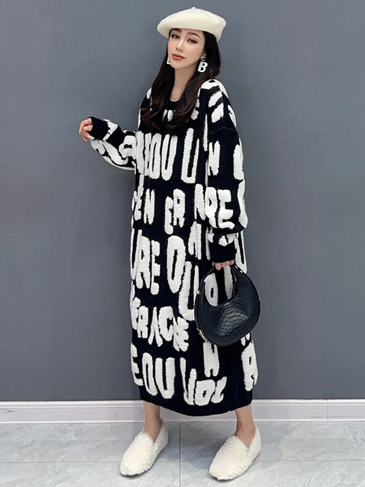 Autumn 2024 Versatile Knit Dress for Women - SHENGPALAE Villus Letter Print - O-neck - Straight - 5R7812