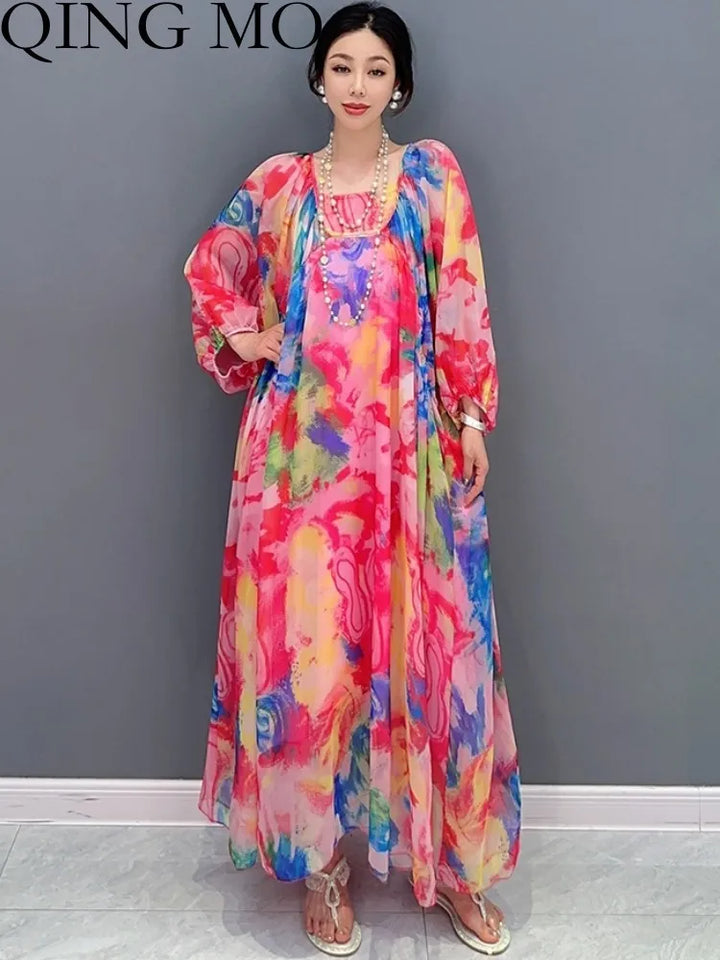 Upgrade Your Style with QING MO's 2024 Spring/Summer Flower Chiffon Dress - Thin & Chic!