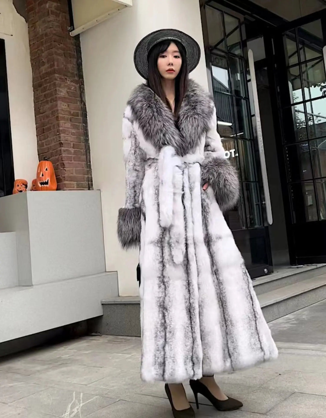 2023 Winter Hot Sales Genuine High-End Leather Whole Rabbit Fur Print Long Women's Fur Coat Fashion Style Fox Fur Warm Jacket