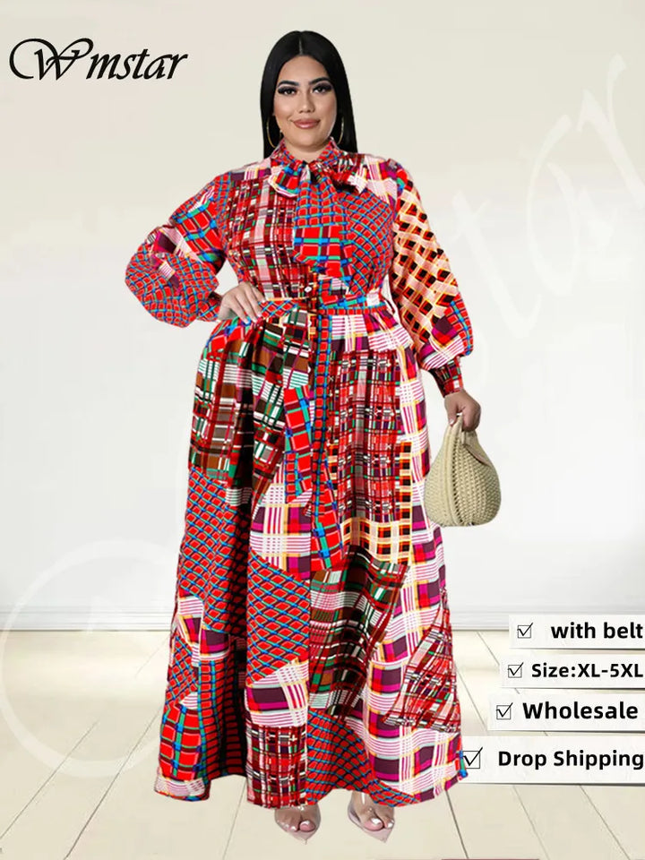 Vintage Plus Size Fall Dress with Belt and Big Hem - Wholesale Dropshipping
