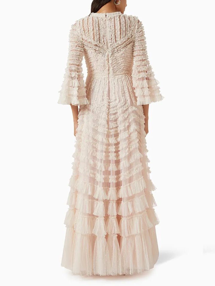 CHICEVER Spliced Patchwork Mesh Dress - Flare Sleeve, High Waist, Casual, Loose A Line - Autumn, Women