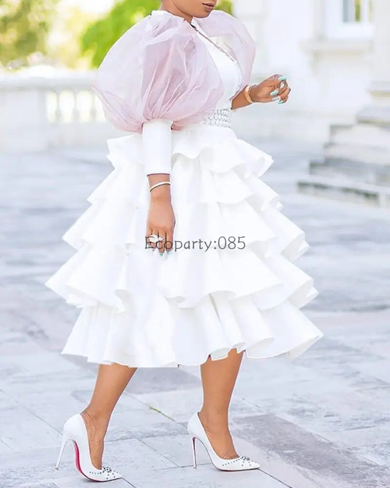Chic White Party Dress for Women - Bubble Sleeve, High Waist, Autumn/Winter - Plus Size Available