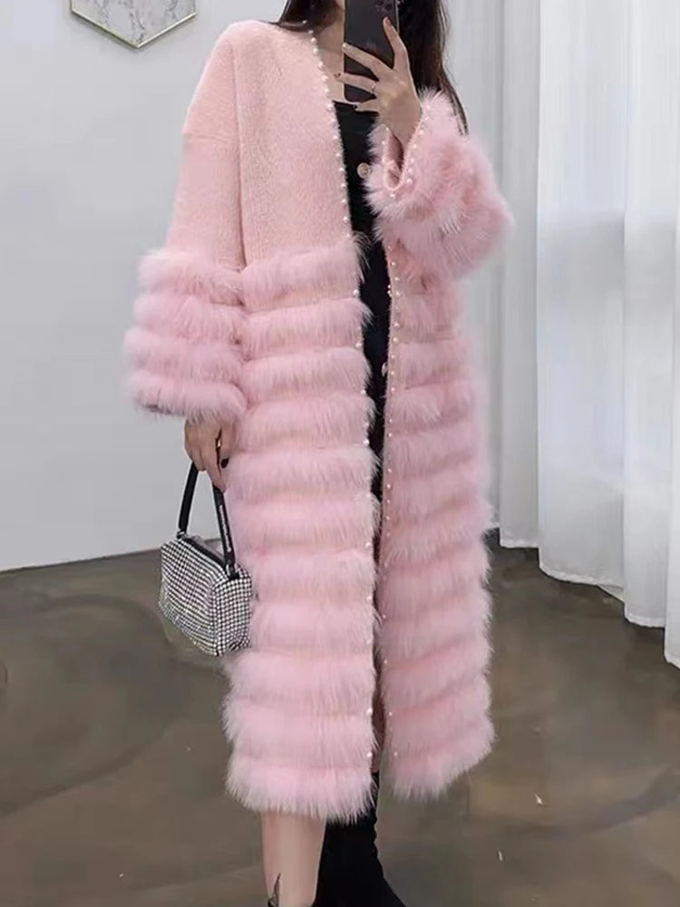 Winter Fox Fur Coat For Women 2023 European Fashion Ladies Sweet Pink Blue Pearl Beading Mink Velvet Long Overcoat Manteau Femme