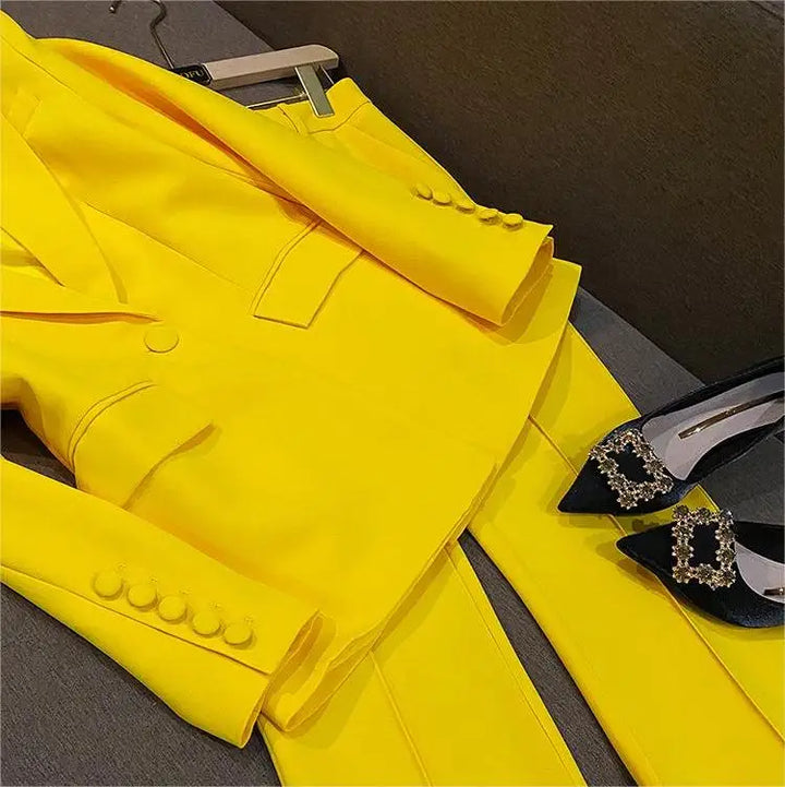 Yellow Office Lady Suit: Double-breasted Blazer & Flared Pants Set