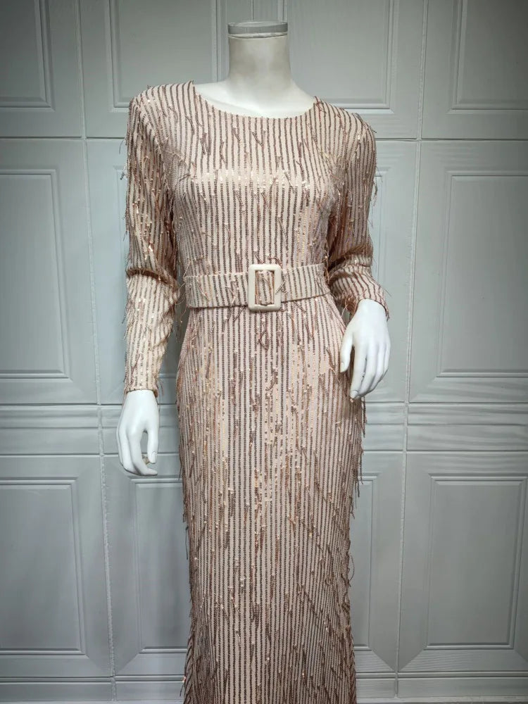 Elegant Sequin Tassel Dress with Gathered Waist - Perfect for Evening Parties!