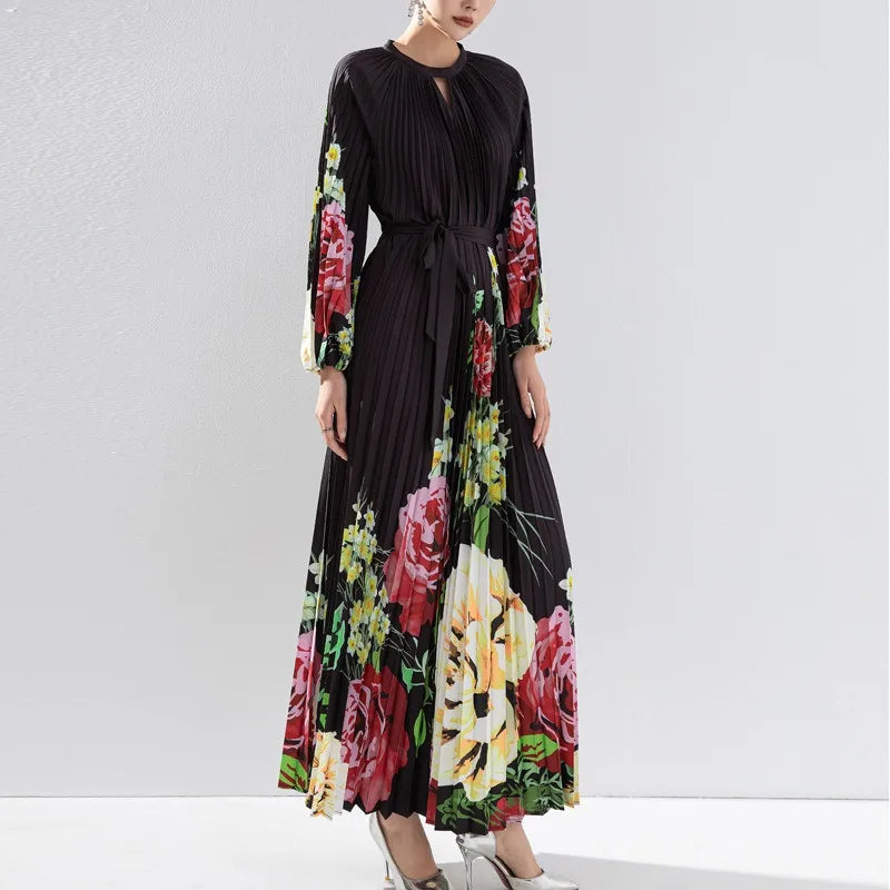 2024 Miyake High End Printed Pleated Dress - Long Formal with Waist Tie Up