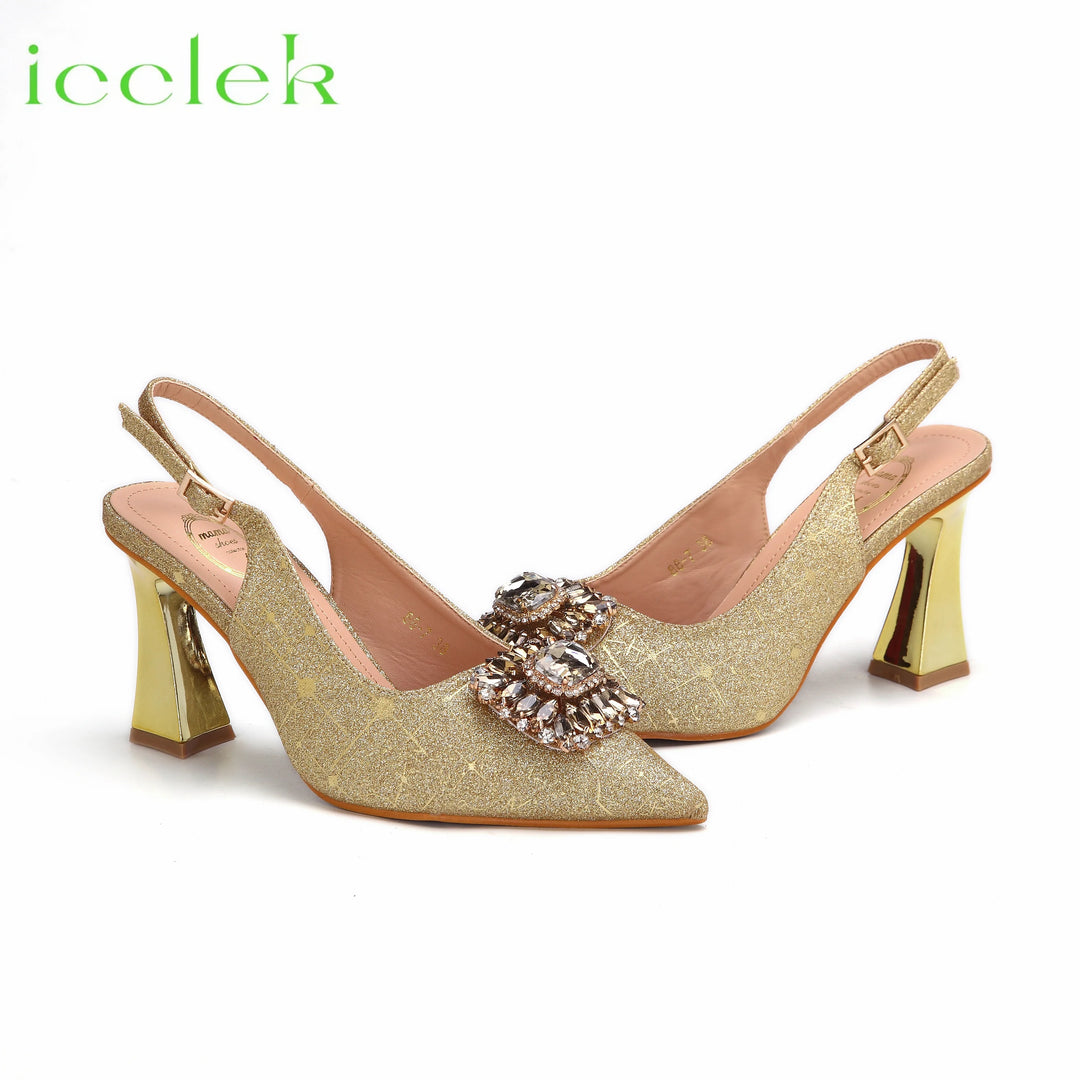Newest Gold Color High Heels Pointed Toe Sandals Decorated with Rhinestone Flower Design Party Women's Shoes and Bags Set