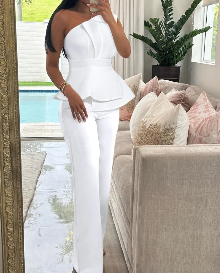 Stylish 2024 Women's Two-Piece Set - One Shoulder Sleeveless Top & High Waist Pants