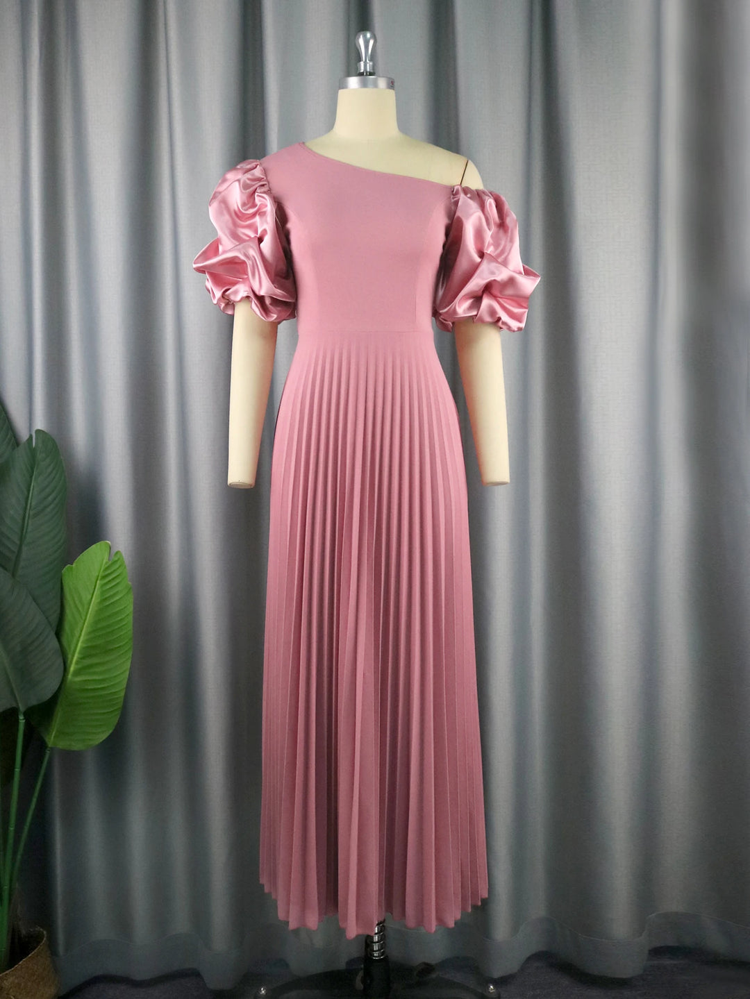 ONTINVA Cold Shoulder Dresses Plus Size Short Puff Sleeve Pink Empire A Line Pleated Prom Outfits for Ladies Event Party 3XL 4XL