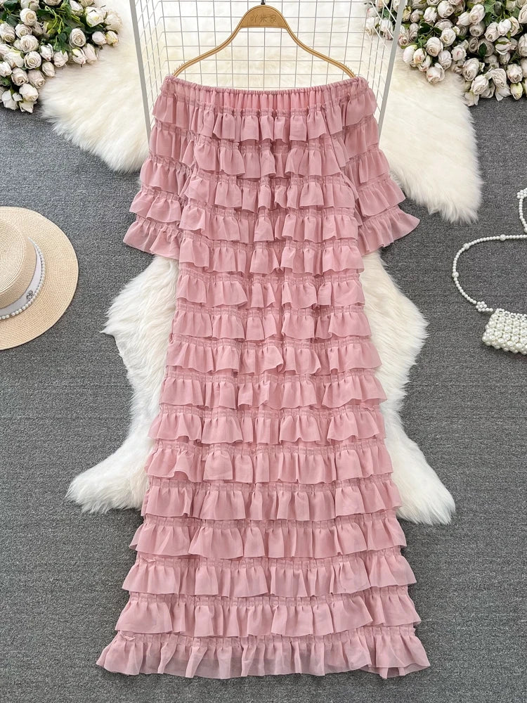 Chic Ruffled A-Line Dress - High Waist, Slash Neck, Spring/Summer 2024 - XFPV Women