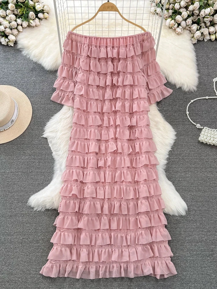 Chic Ruffled A-Line Dress - High Waist, Slash Neck, Spring/Summer 2024 - XFPV Women