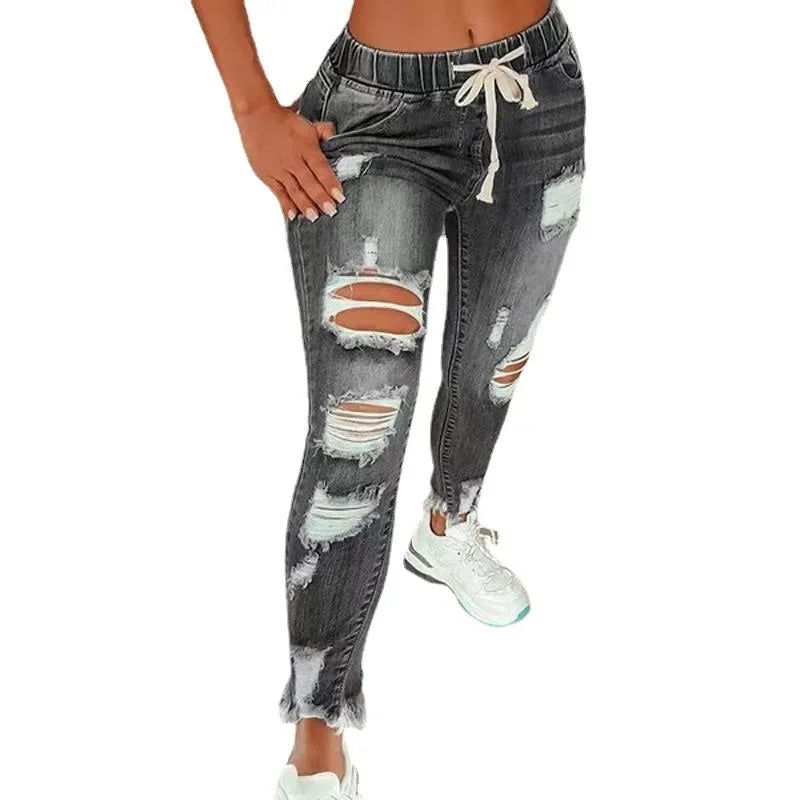 Upgrade Your Style with 2024 Summer High Waist Ripped Jeans for Women - Elastic Drawstring Waist!