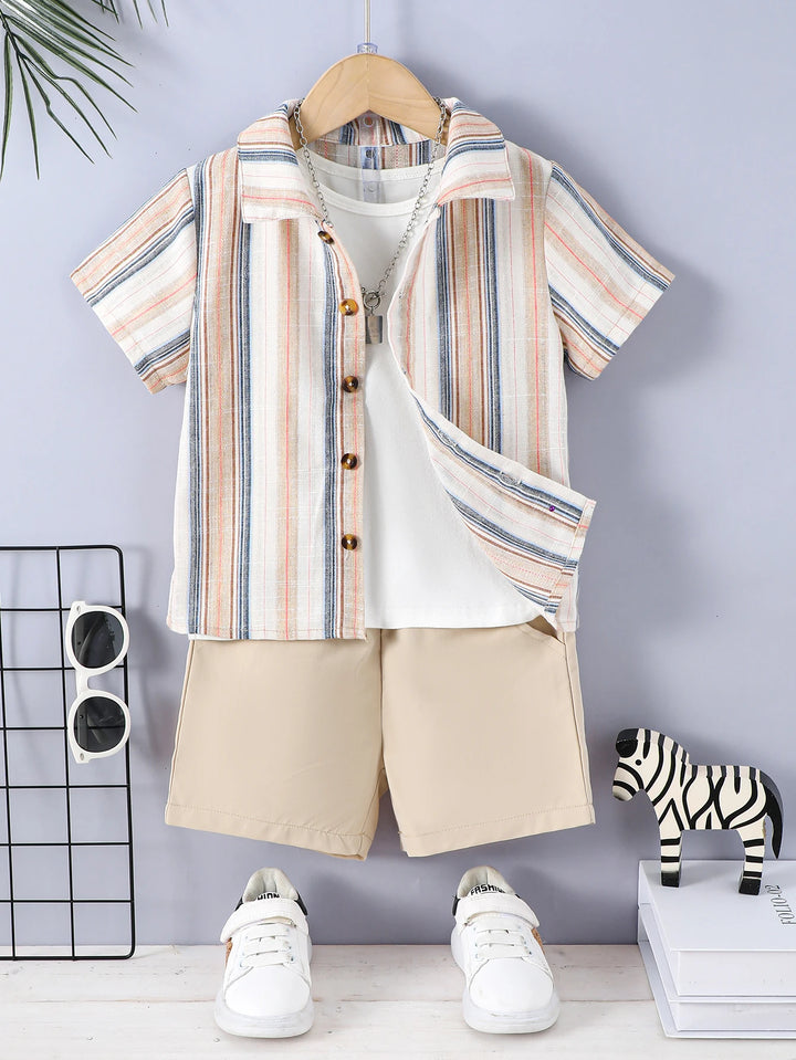 Stylish Boys' Summer Outfit: Short-Sleeved Shirt & Quarter Pants with Vertical Print