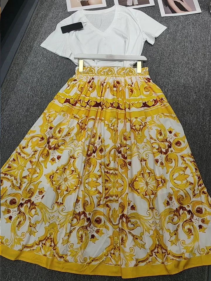 Designer Print Shirt & High Waist Skirt Set