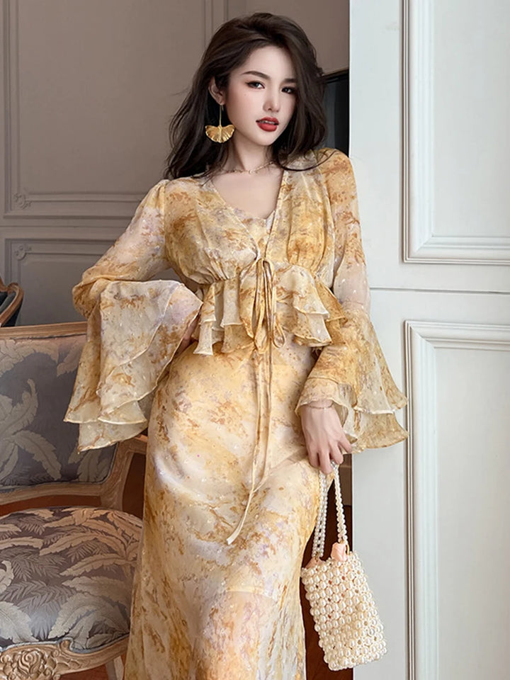 Yellow Chiffon Ruffle Dress Set - 2023 Summer Collection for Women - Beach Boho Outfits