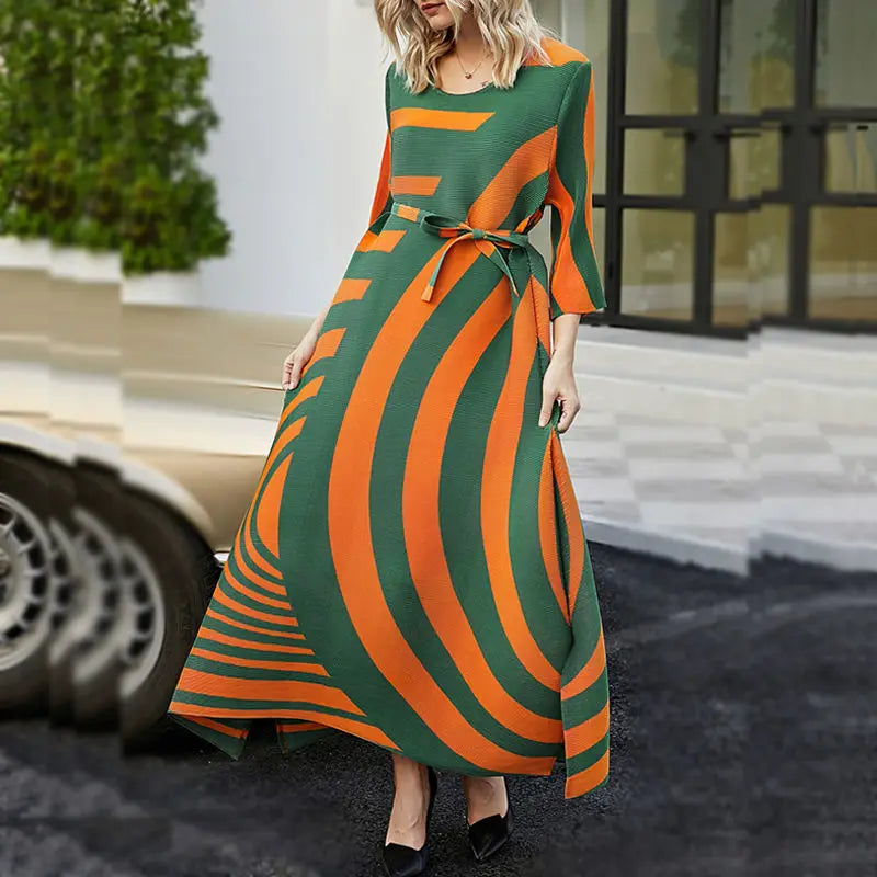 2023 Summer Pleated Dress | Loose Fit Long Round Neck Beach Dress