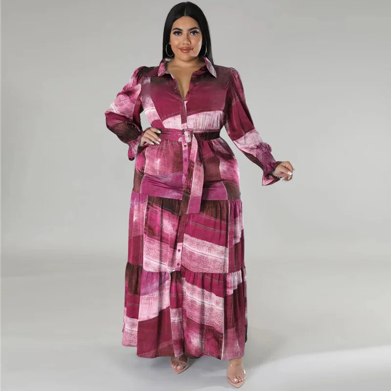 Plus Size Patchwork Print Dress For Women Chubby Blouse Belt Cloth Lady Luxury Long Robes 2023 Summer Trendy Party New In Dress