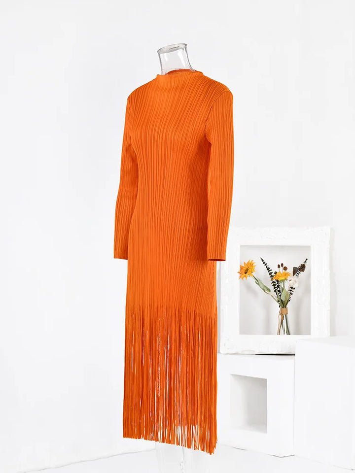 LANMREM Orange Tassel Pleated Dress - Round Neck, Long Sleeves, Party Clothes, Autumn Fashion